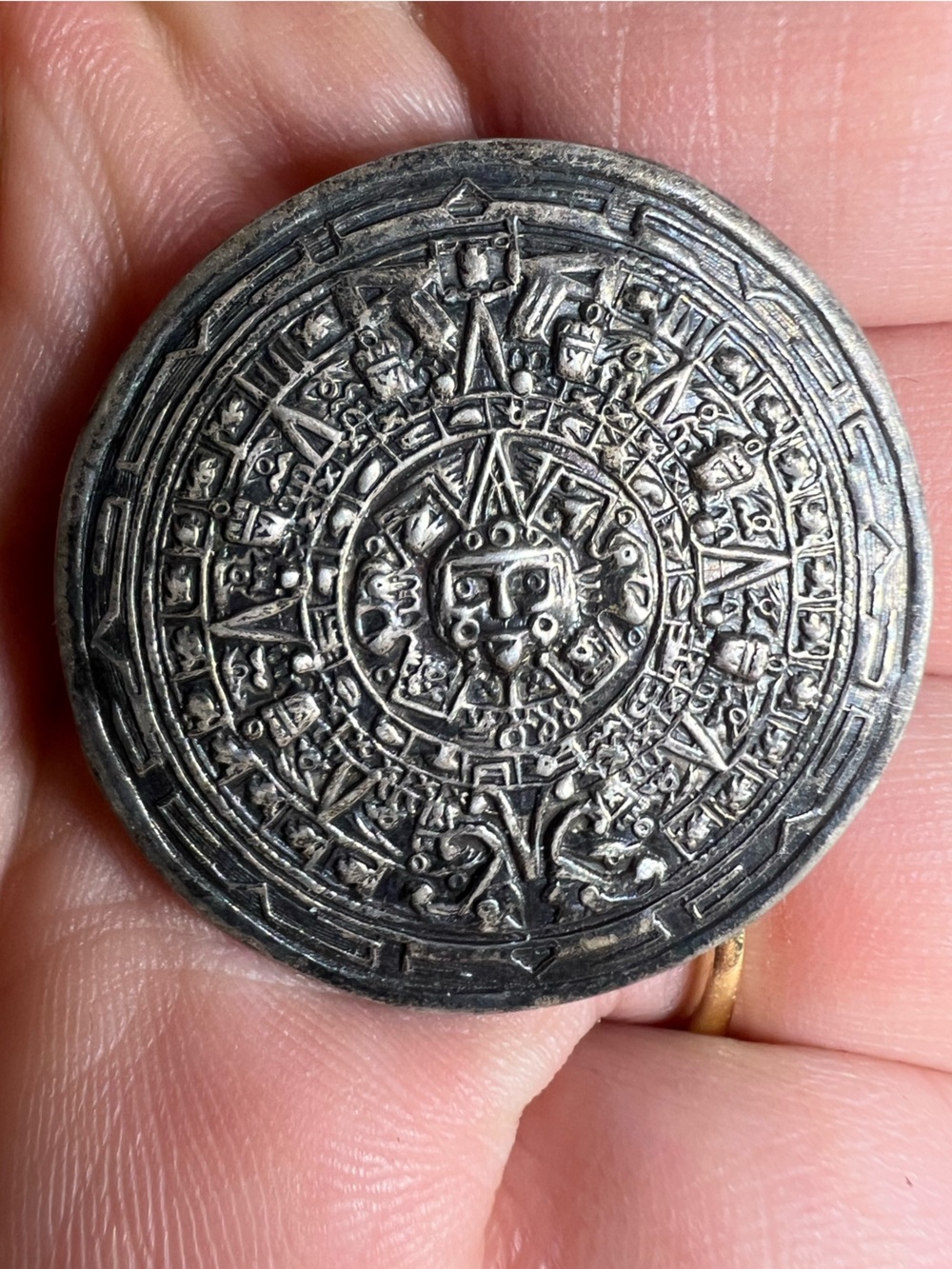 Men's Oxidized Sterling Silver Aztec Calendar Coin Pendant